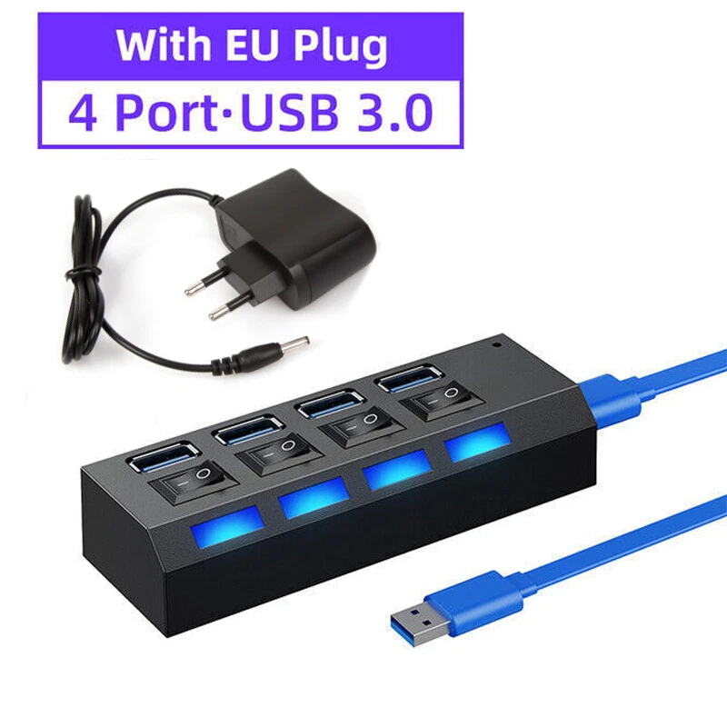 USB 3.0 Hub 4/7 Port Splitter Adapter mit Aktiv Netzteil Verteiler für PC Laptop