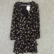 BooHoo Dress Womens 12 Black Floral Mini Ruffle Hem Sheer Balloon Sleeve NWT 