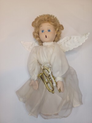 Porcelain Angel Doll 10'' Christmas Gold Horn Choir Sun Point Co. Rare Vintage 