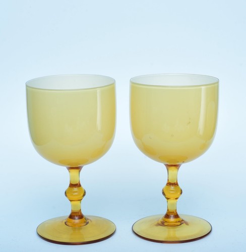 2 NOS UNUSED VINTAGE 6" CARLO MORETTI WATER WINE GOBLET GLASS CASED WHITE AMBER