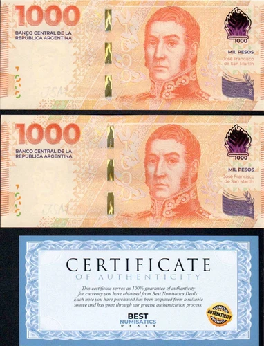 Argentina 1000 pesos San Martin UNC CURRENCY MONEY x 2 BANKNOTES COA