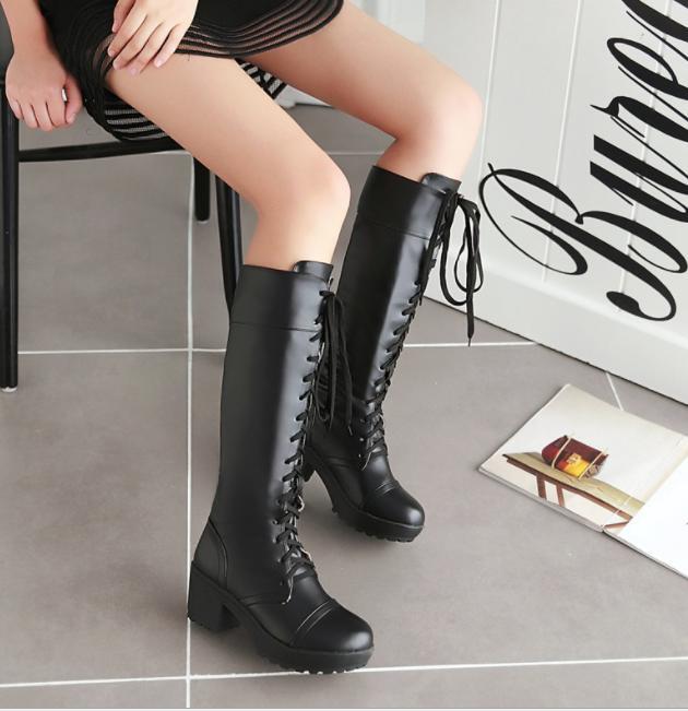 Womens Combat boots Knee High Boots Lace Up Block Heels Shoes Plus Size
