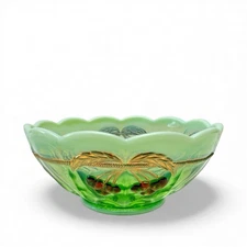 Vintage Mosser Thumbprint Green Opalescent Red Cherry Glass 9” Round Bowl