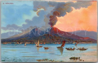 Neapel Il Vesuv Vulkanausbruch künstlerische alte Postkarte Italien Boote Pompeji