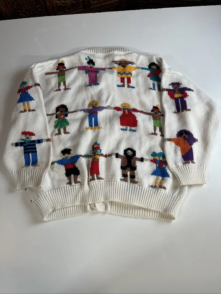 De Colección Christine Foley Suéter Niñas Talla 7/8 Niños del Mundo Estampado Cárdigan Años 90 Foto 3 de 4