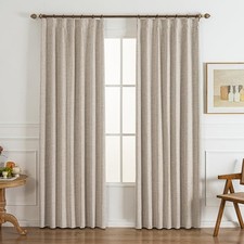 102 Inch Long Natural Linen Pinch Pleated 100 Blackout Curtains  Drapes, Be...