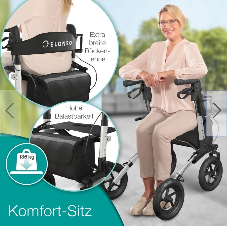 Outdoor Rollator mit Luftbereifung inkl. Sitzfläche, faltbar und leicht mit Sitz - Bild 4 von 4