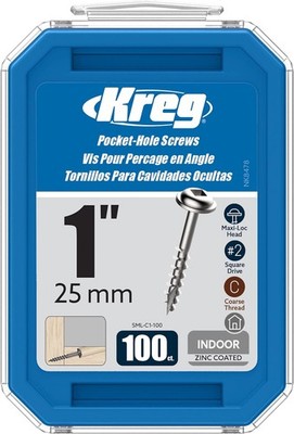 Kreg Zinc Pocket-Hole Screws - SML-C1-100 - 1 Inch - Coarse Thread - Maxi-Loc He