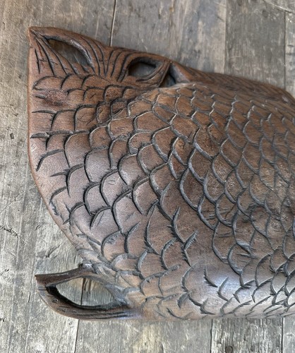 Vintage Hand Carved Fish Dark Wood Bowl Divided Tray Home Decor Boho MCM L@@K - Picture 4 of 9