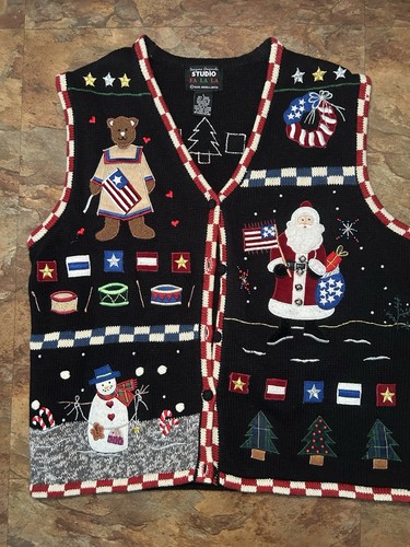 Designers Studio L Patriotic Bear Santa Ugly Christmas Sweater Vest