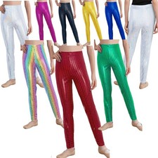 Unisex Kids Pants Rave Trousers Girls Tights Metallic Plaid Practice Dancewear