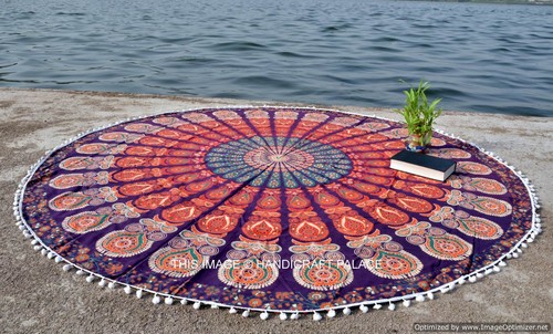 Indian Pom Pom Round Mandala Tapestry Wall Hanging Beach Throw Towel Yoga Mat - Picture 18 of 42