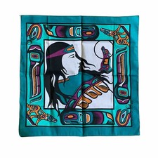 Vintage Aztec Southwestern Cotton Poly Turquoise Handkerchief Bandana USA 21  