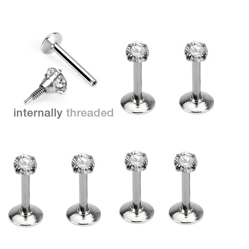 6 Pc 16g 1/4" Prong Set CZ Surgical Steel Internally Threaded Labret Tragus Stud - Bild 2 von 3