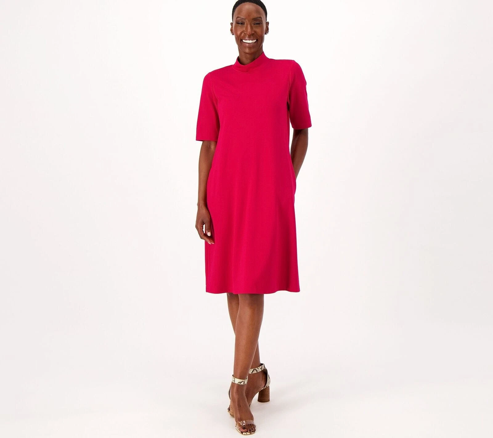 Robe coude simulée à manches coude en tricot Susan Graver Every Day rouge M A554281