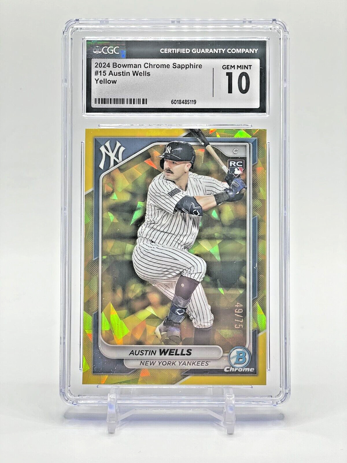 Austin Wells - 2024 Bowman Chrome Sapphire #15 Rookie Yellow Sapphire /75 - NYY