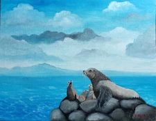 impressionist oil painting original landscape MaMa Seal and her pups