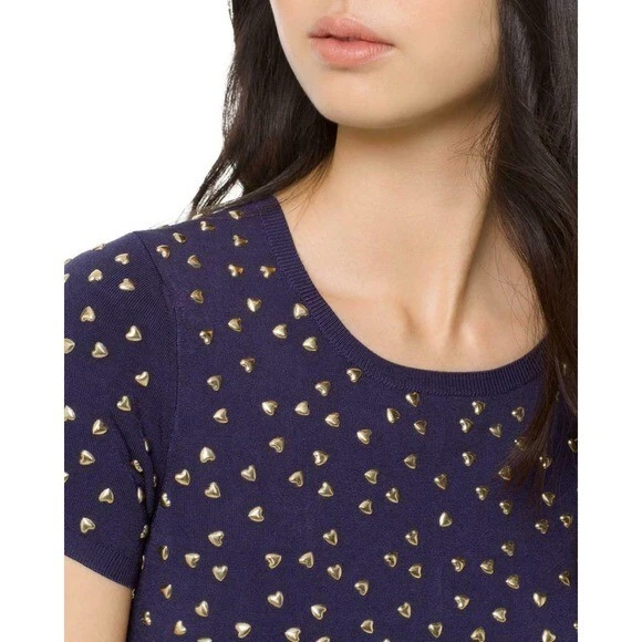$350 MICHAEL KORS abito in maglia blu navy con borchie cuore oro taglia L 10 12 NUOVO