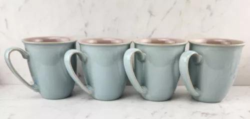 Set Of 4 Denby Duets Everyday Mugs-Light Blue with Taupe Interior- EUC