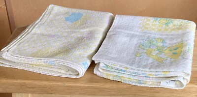 Lot of 2 Vintage Flannel Baby Receiving Blankets - Pastel CHICKS BEARS Cotton