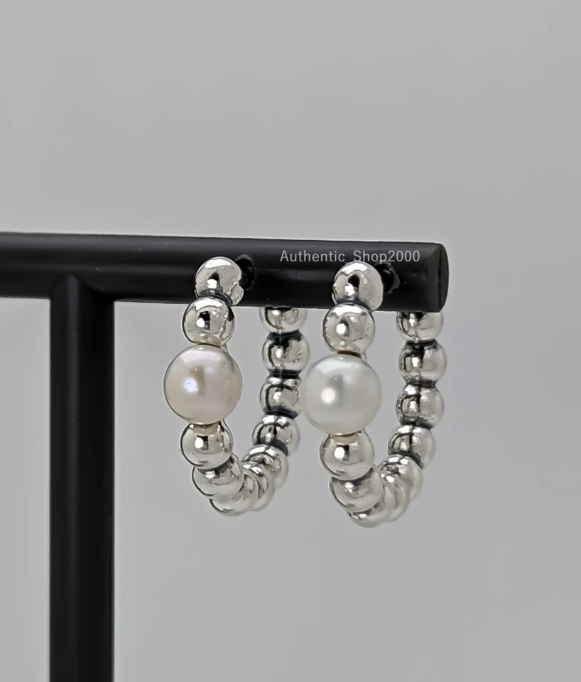 NEW 100% Authentic PANDORA 925 Cultured Pearl & Beads Hoop Earrings 293178C01 - Image 4 of 4