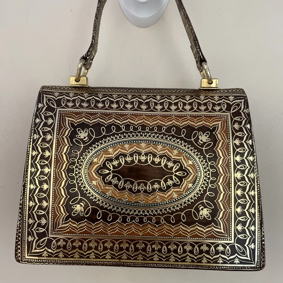 Vintage Embossed Leather Evening Bag Gold Brown Florentine Italy Luxury - Image 4 of 4
