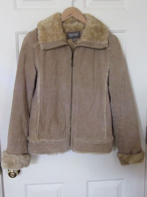 Woman's Tan Leather Suede Coat with Shearling & Faux Fur Size M Wilson's Leather
