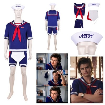 Steve Harrington Blue Sailor Suit Hat Cosplay Costume Halloween Stranger fullset