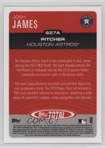 Topps Total Red 2019/10 Josh James #627A Rookie RC - Imagen 2 de 4
