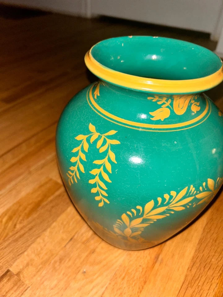 Jarrón italiano de cerámica sin marca de oro verde de 11 pulgadas decorativo antiguo Foto 3 de 4
