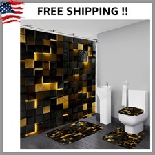 4 Pcs Black Gold Shower Curtain Set with Rugs, 3D Cube Modern Bathroom Set, B...