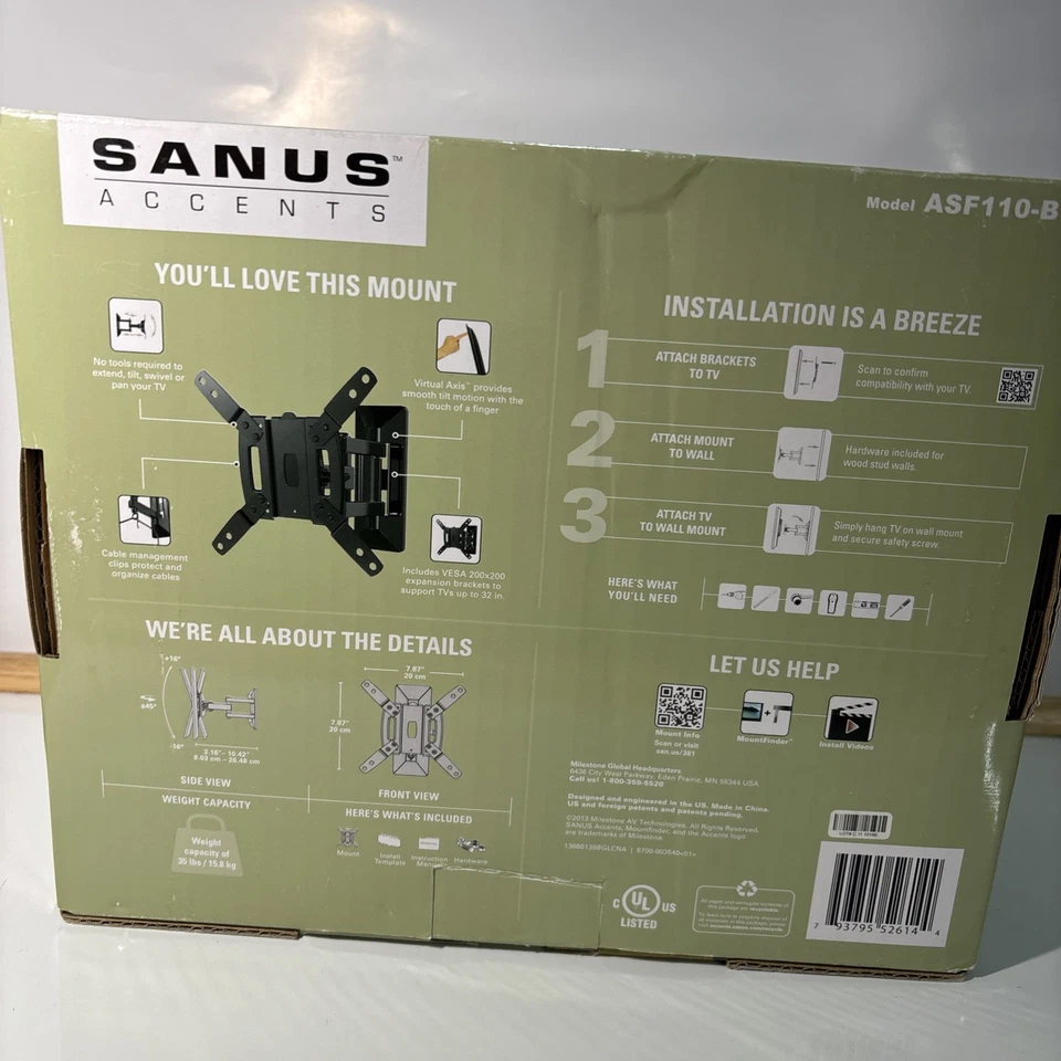 Soporte de pared para TV Sanus Accents Full-Motion para 13-32 ASF110-B1 nuevo en caja Foto 4 de 4