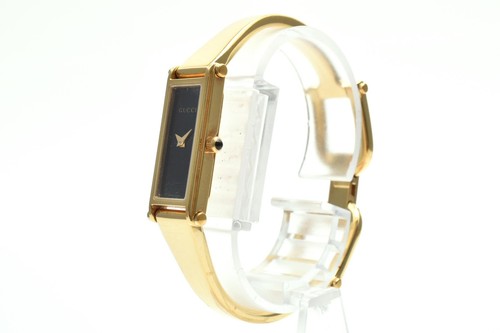 Gucci 1500L Ladies Quartz Gold GP Black Dial Bangle Watch Haze & Scratches