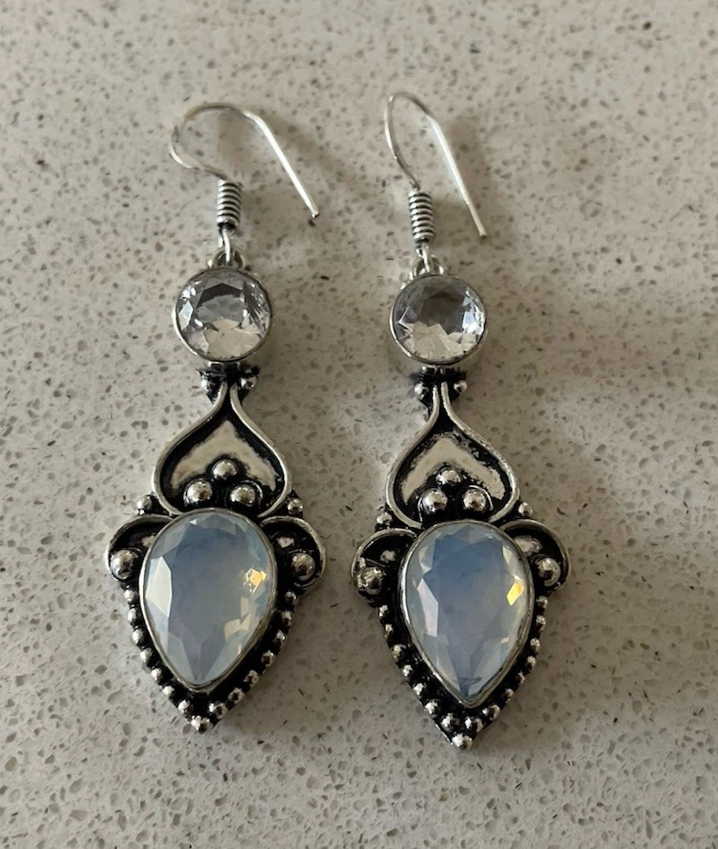 White Topaz & Opalite Handcrafted Gemstone earrings - 925 Silver Plated- New - image 2 of 2