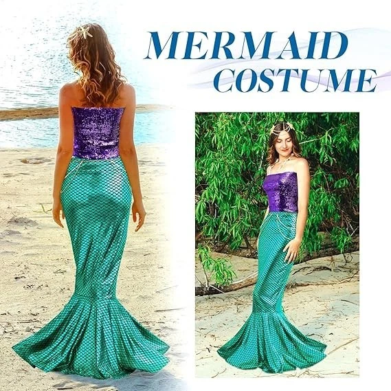 Mermaid Costume for Women 4pcs Sequin Top Skirt Pearl Chain Halloween - Image 3 of 4