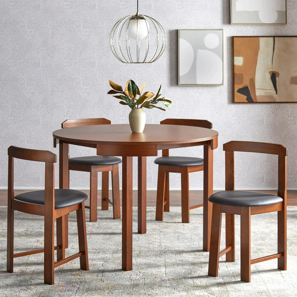 Compact Dining Set 5 Piece Round Walnut Kitchen Small Table Wood Space Saving - Image 2 of 4