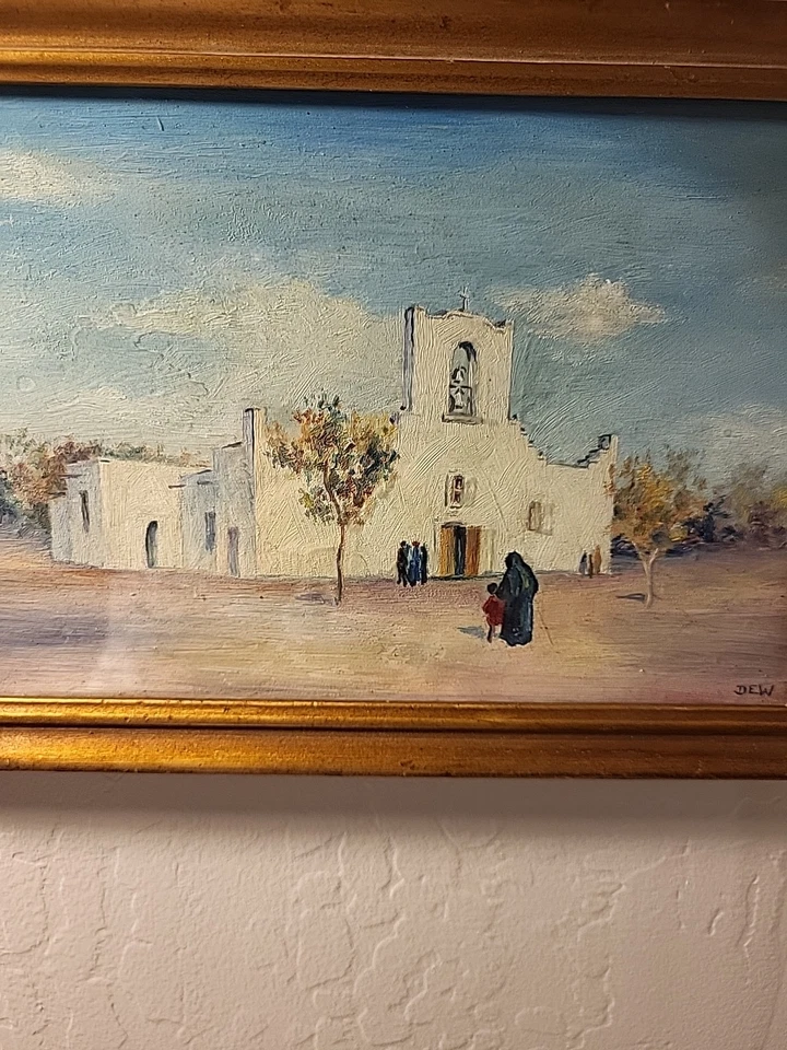 Pintura al óleo original vintage enmarcada de una iglesia estilo Santa Fe casi nuevo, firmada rocío Foto 2 de 4
