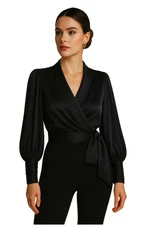 Zimmermann Black Silk Wrap Blouse Long Sleeve Tie Waist Ruched Cuff, 1 = US 2-4