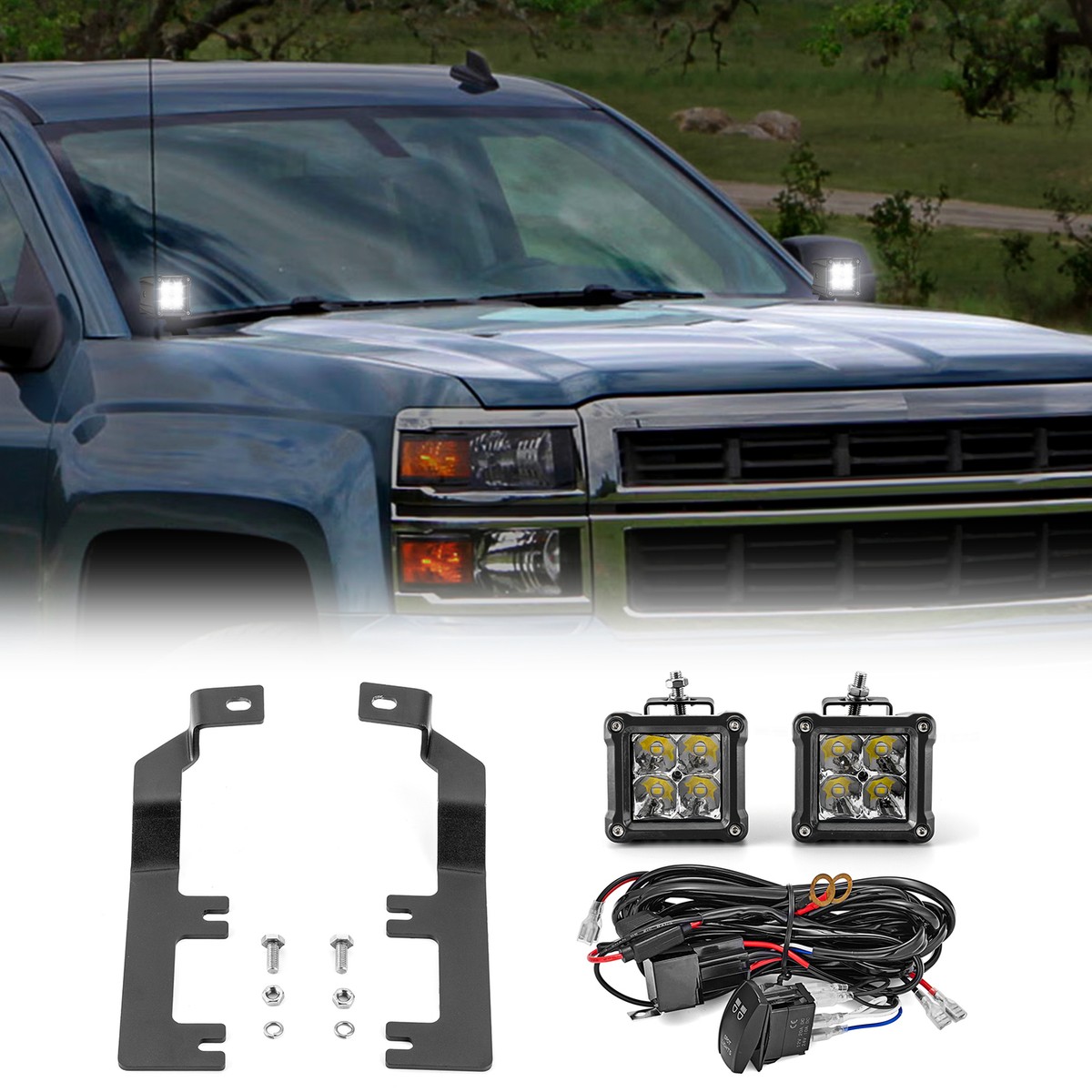 A-Pillar LED Pod Light Kit For 2014-up Toyota 4Runner, Includes  2  20W High Power Led Cubes Windshield A Pillar Mounting Brackets On Off Switch Wiring Kit