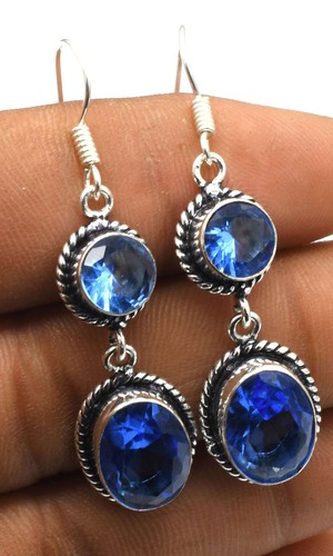Boucles D'Oreilles Pendantes Ethniques Goutte Bleues En Perles De Verre Facettées - Fait Main France