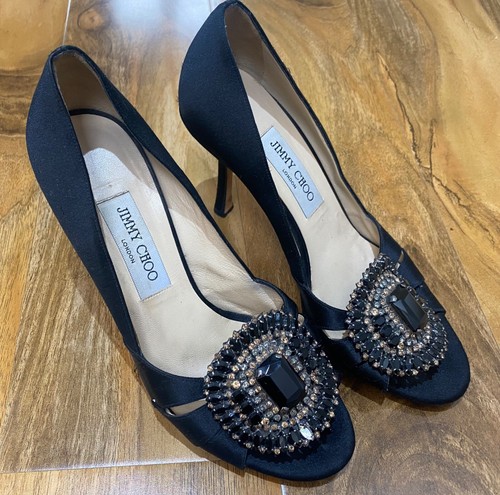 Jimmy Choo Shoes Size 4UK EUR37 Peep Toe Heels Swarovski Crystals Black - Foto 3 di 16
