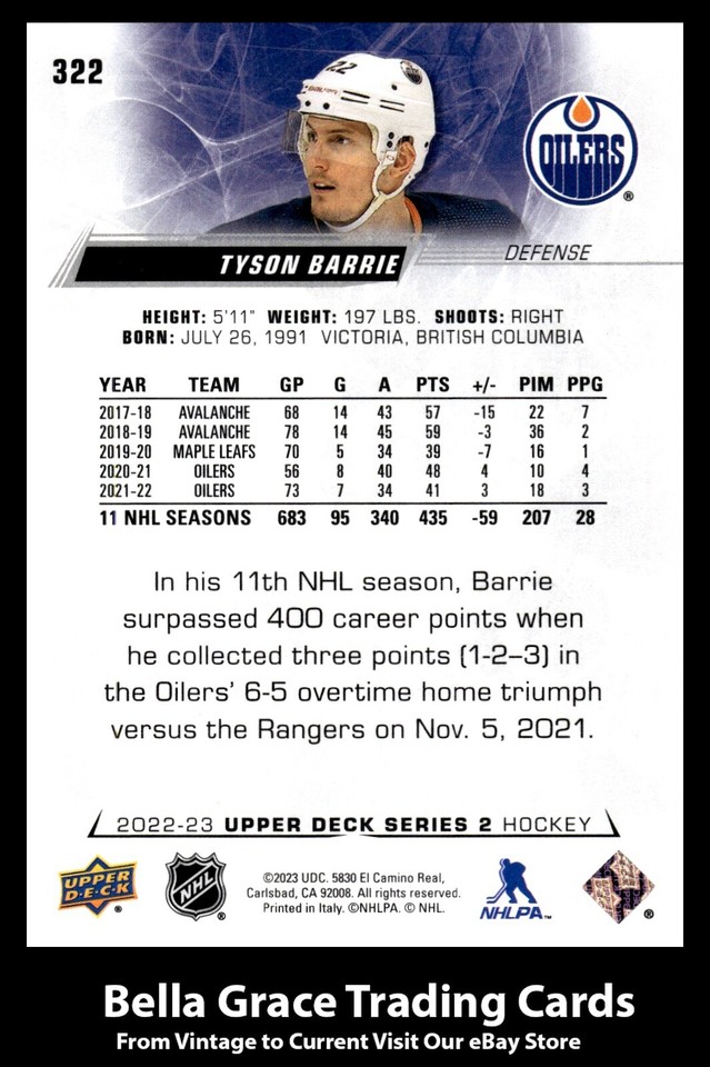 202223 Upper Deck Tyson Barrie 322 Edmonton Oilers NHL Hockey eBay