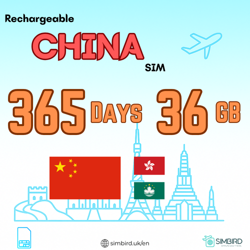 China/HK/MO 5G data Only Prepaid SIM (365 day, 36 GB) rechargeable