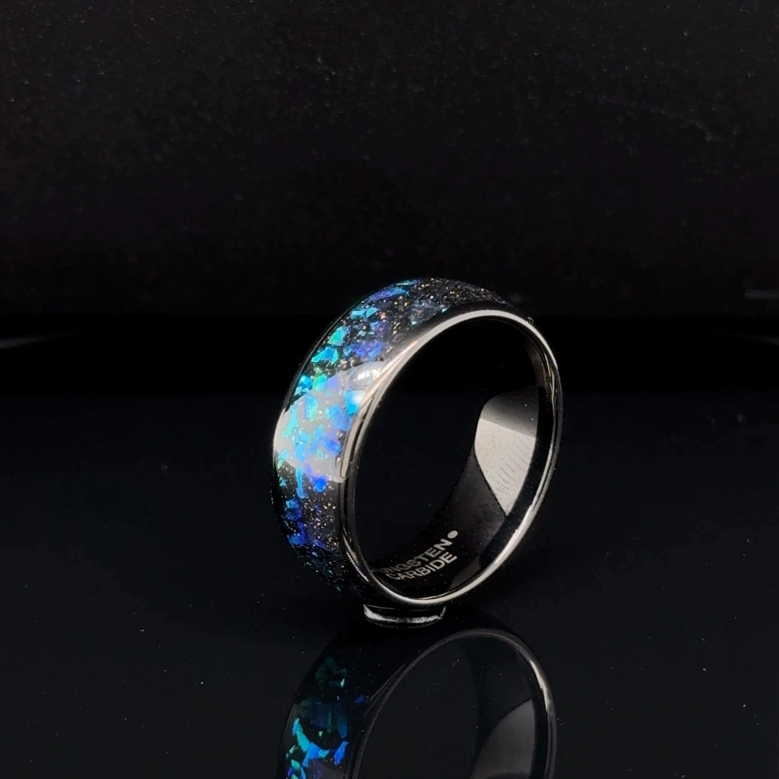 8mm Black Tungsten Anniversary Band Blue Glitter Inlay High Polished Edges Ring