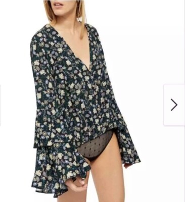 Free People Women s Small She s Dainty Bodysuit in Night Combo Flare Sleeves New
