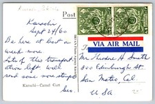 Karachi Pakistan 1960 SON Cancel Via Air Mail to USA Camel Cart RPPC Postcard