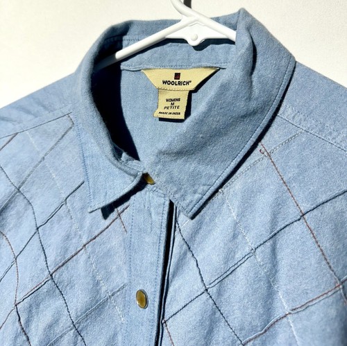 Woolrich Denim Shirt Womens Blue Snap Button Light Wash Geometric size M Petite - Picture 2 of 5
