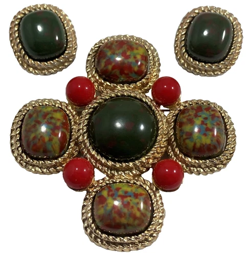 Sarah Coventry Vintage 1963 Mosaic Maltese Brooch and Earrings Set J24