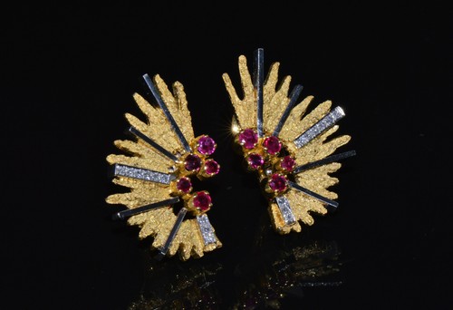 Certified Natural Diamond Ruby 18K Solid Gold Retro Fan Earclip Cluster Earrings - Picture 9 of 12