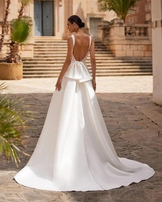 Customized A Line Wedding Dresses Backless Buttons Bow Elegant Slit Bridal  Gowns | eBay